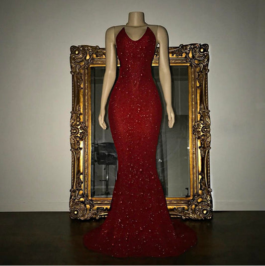 Classic Spaghetti-Straps Sequins Prom Dress Mermaid Sleeveless