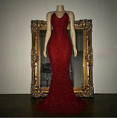 Classic Spaghetti-Straps Sequins Prom Dress Mermaid Sleeveless