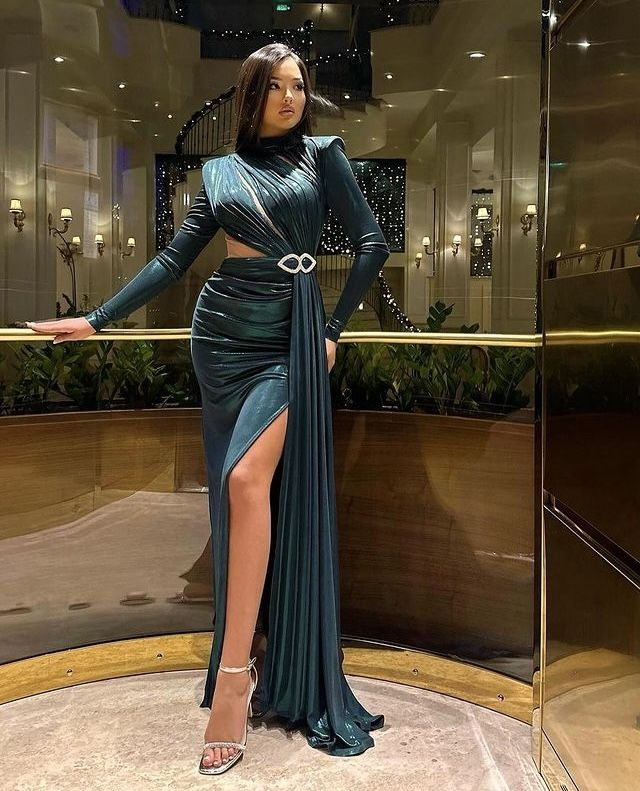 Deep Blue Taffeta Mermaid Prom Dress Split with Long Sleeves