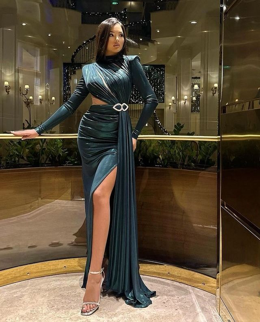 Deep Blue Taffeta Mermaid Prom Dress Split with Long Sleeves