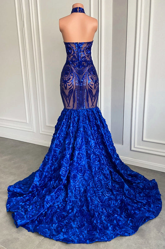 Chic High Neckk Royal Blue Sequins Prom Dresses Mermaid With Flowers Bottom