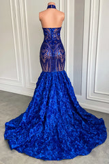 Chic High Neckk Royal Blue Sequins Prom Dresses Mermaid With Flowers Bottom