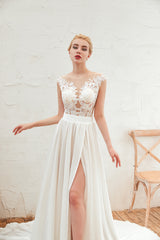 Elegant Bateau Neckline Chiffon Lace Wedding Gown with Ruffles and Slit