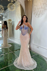 Fabulous Champagne Halter Sleeveless Mermaid Prom Gown With Beadings Sequins Crystals