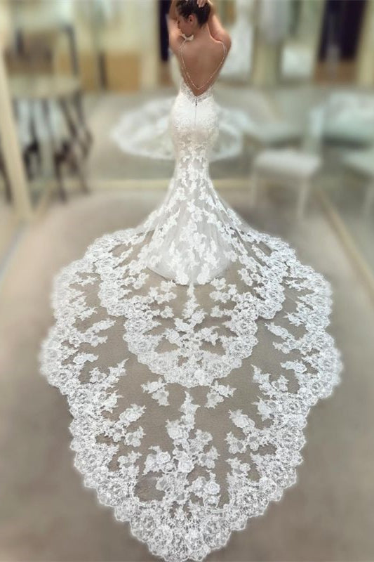 Long Mermaid Wedding Dress with Spaghetti Straps, V-Neck, and Lace, Backless Design