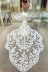 Long Mermaid Wedding Dress with Spaghetti Straps, V-Neck, and Lace, Backless Design