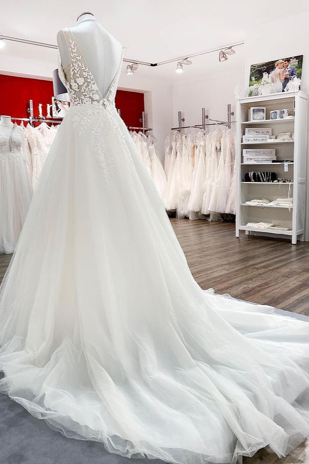 Elegant V-Neck A-Line Wedding Gown with Open Back and Tulle Lace
