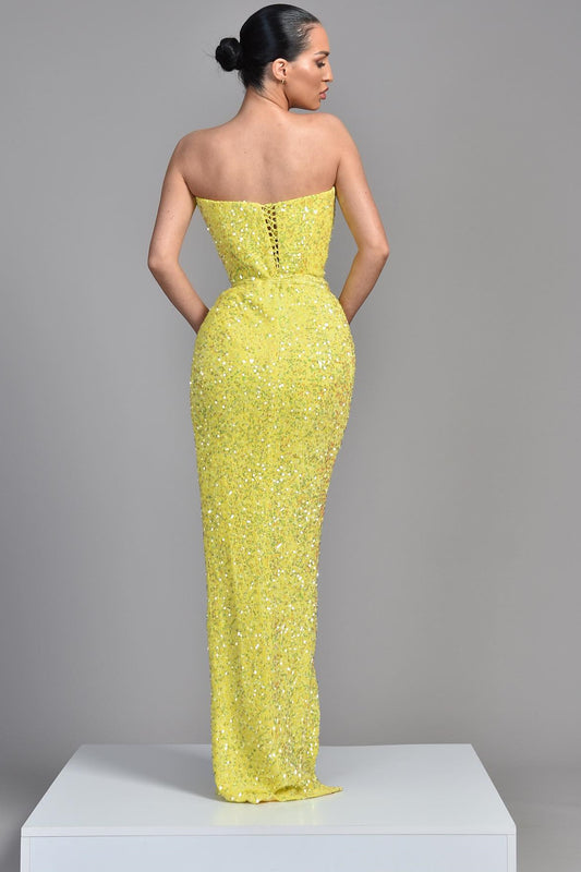 Modern Yellow Strapless Sleeveless Mermaid Prom Dress Sequins With Split