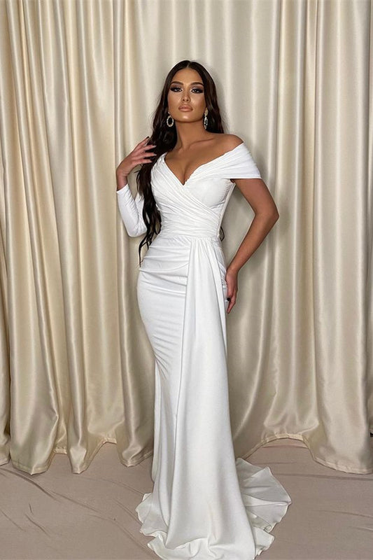 Chic White Mermaid Prom Dress Off-the-Shoulder V Neck Pleated
