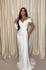 Chic White Mermaid Prom Dress Off-the-Shoulder V Neck Pleated