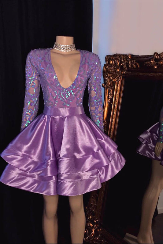 Short Purple Prom Dress Long Sleeves With V Neck Appliques