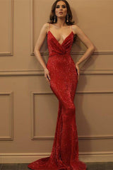 Glamorous Spaghetti-Straps Sequins V-Neck Prom Dress Mermaid Evening Gowns