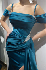 New Arrival  Ink Blue Off-The-Shoulder Spaghetti-Straps Mermaid Prom Dress Beaded With Split Ruffles