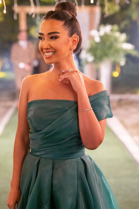 Dark Green Strapless One Shoulder Mermaid Front Split Evening Dress with Bowknot