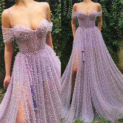 Off-the-Shoulder Beadings Peals Prom Dress With Slit