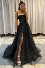 Fabulous Black Spaghetti-Straps Prom Dress Tulle Sleeveless Long With Split