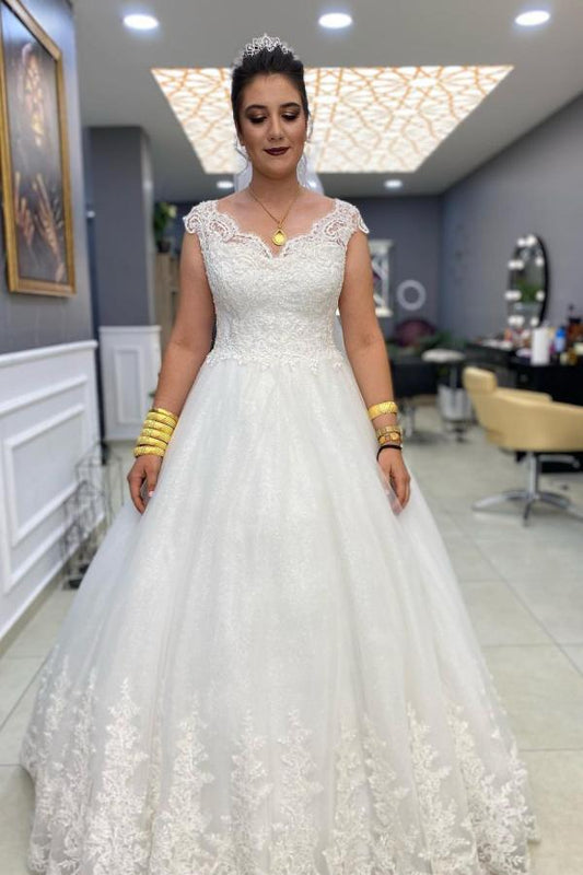 Elegant V-neck A-line Bridal Gown in Lace and Tulle
