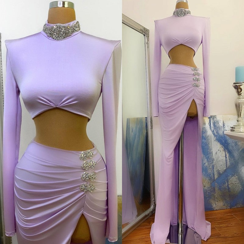 Long Sleevess HIgh Neck Prom Dress Mermaid With Beads