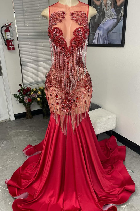 Modern Red Sleeveless Prom Dress Mermaid Long With Beadings Tassels