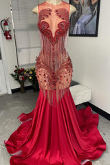 Modern Red Sleeveless Prom Dress Mermaid Long With Beadings Tassels