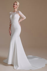 Elegant Long Mermaid Jewel Wedding Dress in Satin Lace With Sleeves