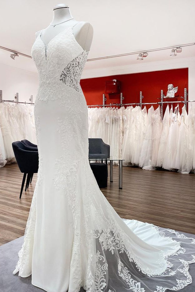 Elegant Mermaid Wedding Gown with Open Back and Lace Satin Spaghetti Straps