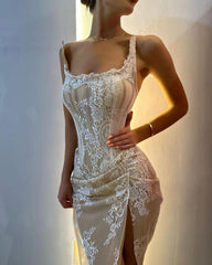 Beautiful Strapless Lace Prom Dresses High Split Long 