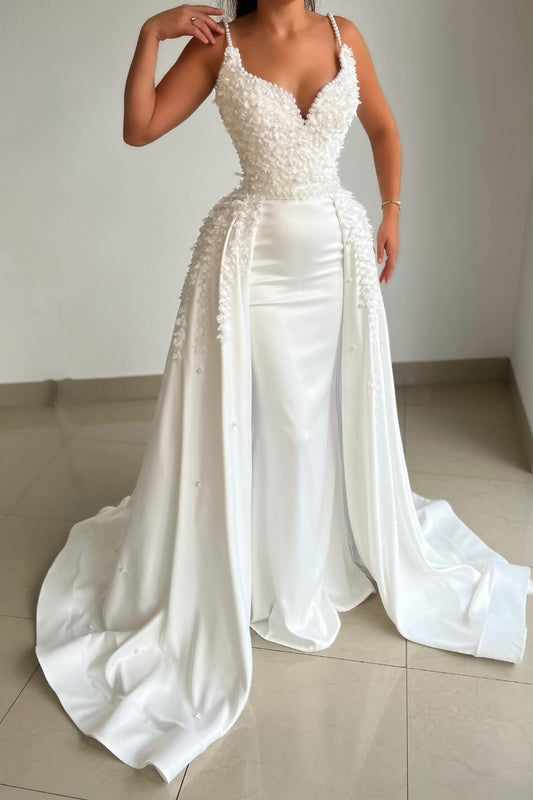 Stunning White Spaghetti-Straps Mermaid Prom Dresses With Pearls Overskirt Sleeveless
