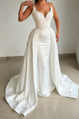 Stunning White Spaghetti-Straps Mermaid Prom Dresses With Pearls Overskirt Sleeveless