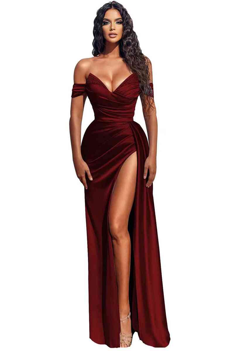 Modern Off-the-Shoulder Dusty Blue Mermaid Prom Dress With Slit