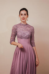 New Arrival Wisteria Half Sleeves Chiffon Prom Dress Long With Lace