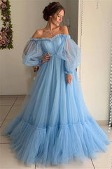 Stunning Long Sleeves Tulle Prom Dresses Off-the-Shoulder Long