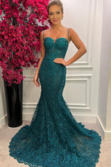 Chic In Blue Spaghetti-Straps Mermaid Prom Dresses With Lace Sleeveless