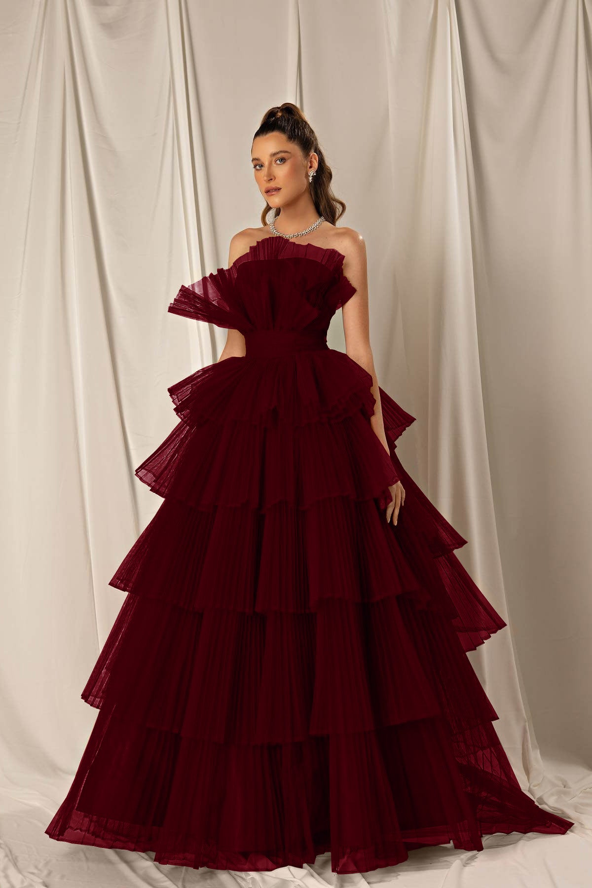 Burgundy Strapless Mermaid Sleeveless Layers Sleeveless Evening Dress Online