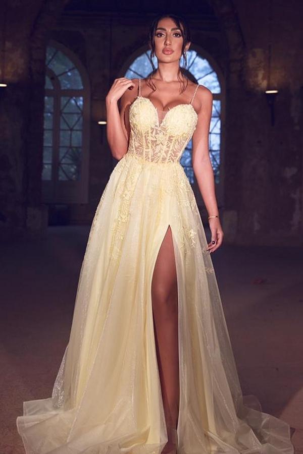 Gorgeous Spaghetti-Straps Long Prom Dress Lace Appliques With Slit