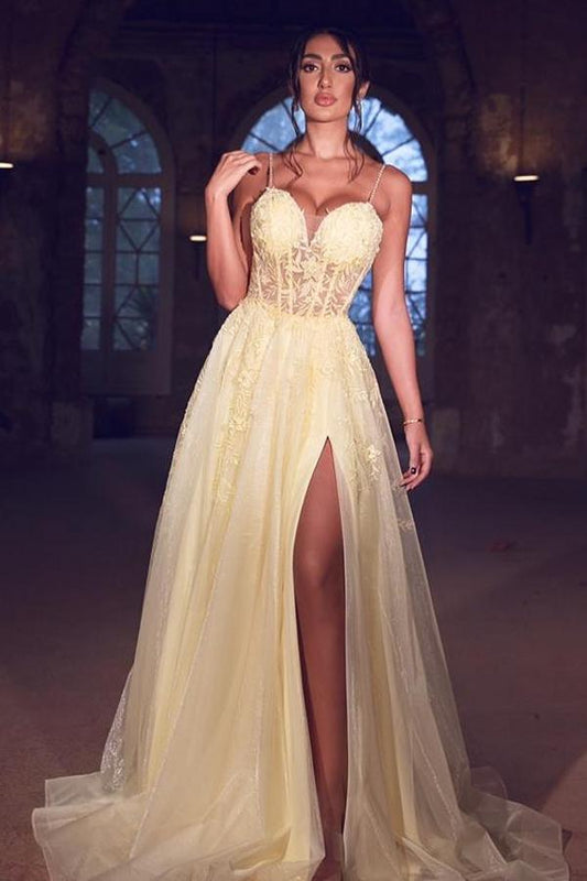 Gorgeous Spaghetti-Straps Long Prom Dress Lace Appliques With Slit