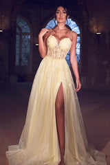 Gorgeous Spaghetti-Straps Long Prom Dress Lace Appliques With Slit