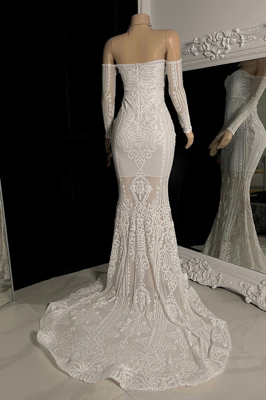 Charming White Long Sleeves Mermaid Prom Dress Lace Off-the-Shoulder