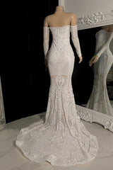 Charming White Long Sleeves Mermaid Prom Dress Lace Off-the-Shoulder