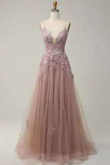 Dusty Pink Spaghetti Strap Tulle V Neck Prom Dress with Lace Appliques