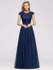 Cap Sleeves Aline Bridesmaid Dress Floral Lace Chiffon Long Wedding Guest Dress - Navy Blue / US 2 - Prom Dresses