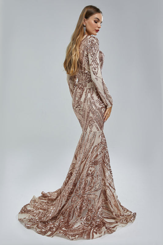 Gorgeous V-Neck Mermaid Prom Dress Long Sleeves Sequins Long