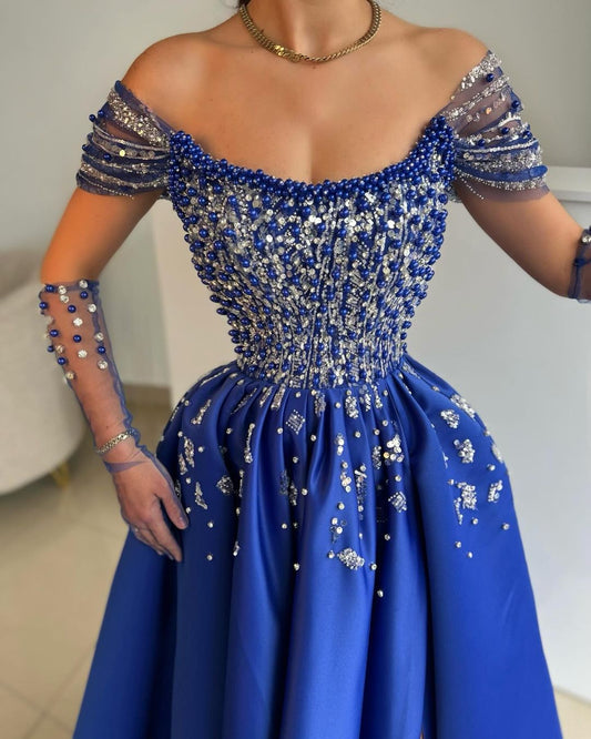 Beautiful Royal Blue Off-the-Shoulder Long Sleeves Prom Dresses Long With Beads Pearls
