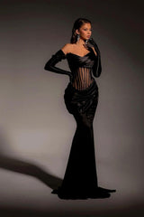 Black Strapless Prom Dress Pleated Long Mermaid Dress With Gloves