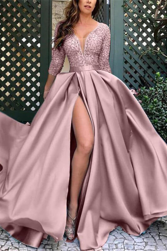 Glamorous Deep V-Neck Satin Long Prom Dress Split with Lace