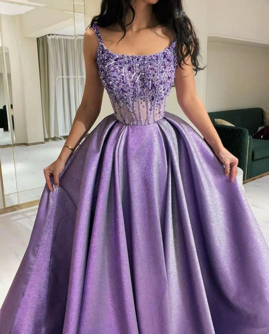 Beautiful Lilac Strapless Prom Dresses A-Line With Beadings Long