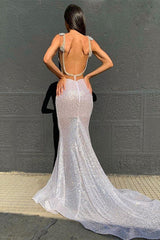 Chic Deep V-Neck Silver Sequins Prom Dress Mermaid Open Back