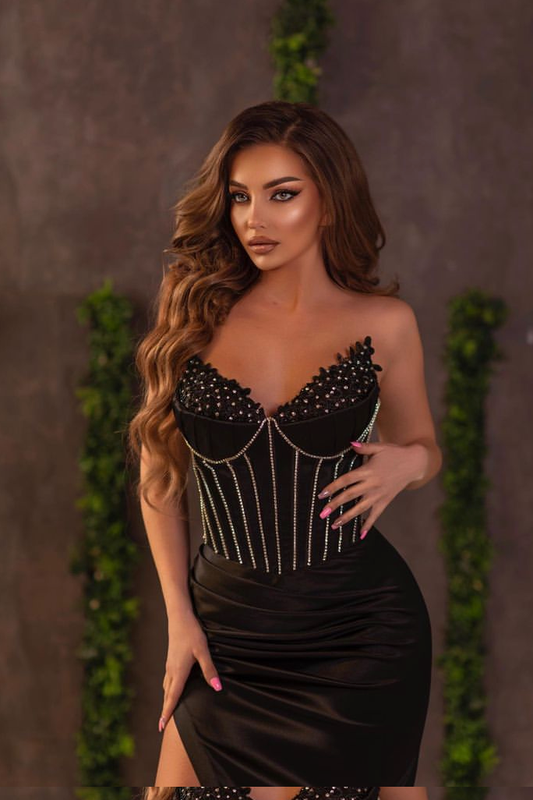 Classic Black Prom Dress V Neck Off the Shoulder Slit Beads
