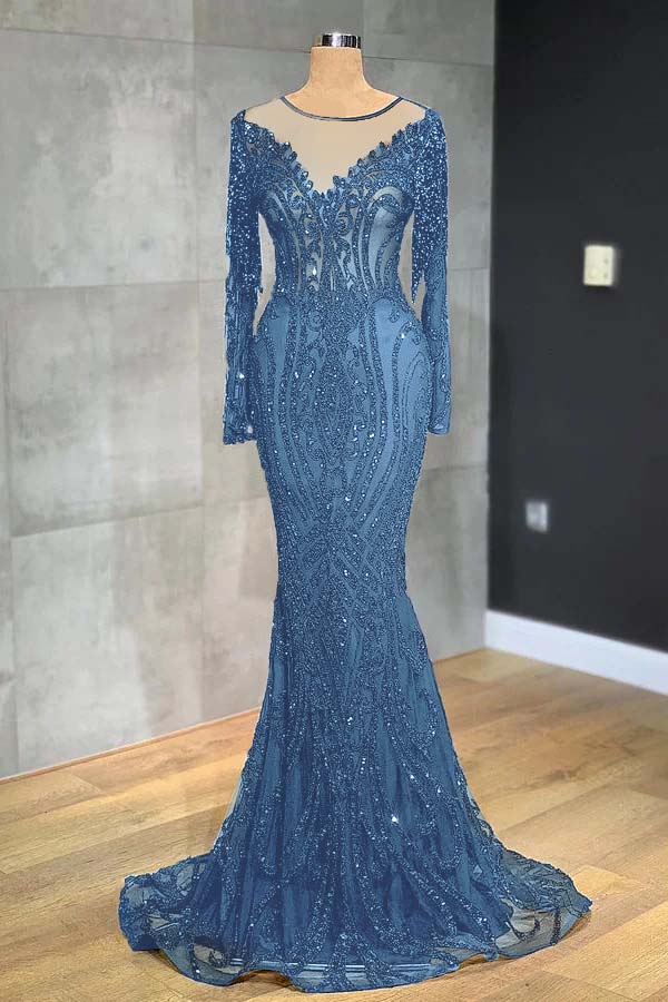 Classic Black Mermaid Prom Dress Long Sleeves Tulle With Sequins