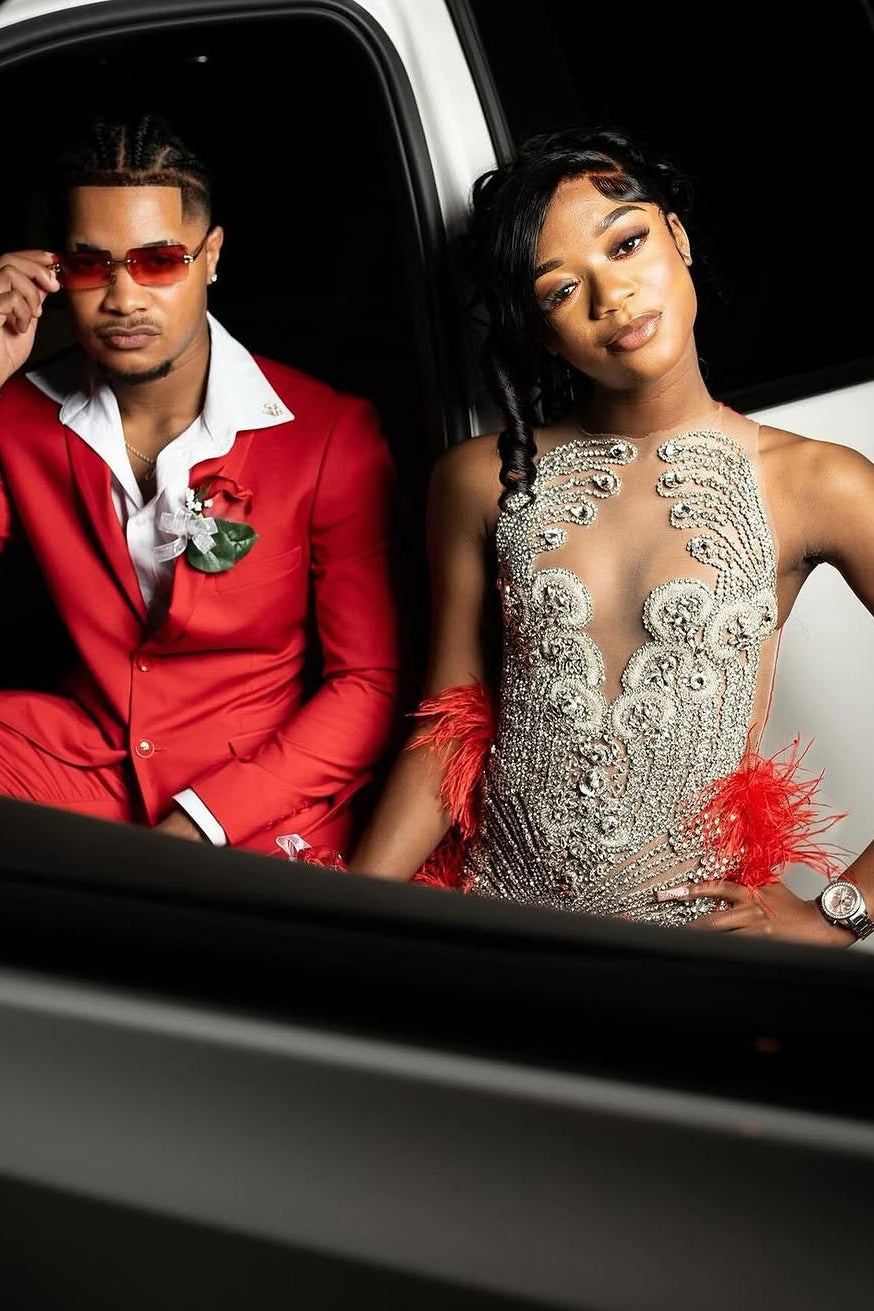 Modern Red Sleeveless Beadings Prom Dress Mermaid Long With Feather